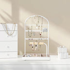 Multi-Functional Jewelry Holder Organizer Necklace Display Stand Velvet Lined Bar for Rings 2 Tier with 18 Hooks, 32 Earring Holes - Sturdy and Durable, Easy Organization White