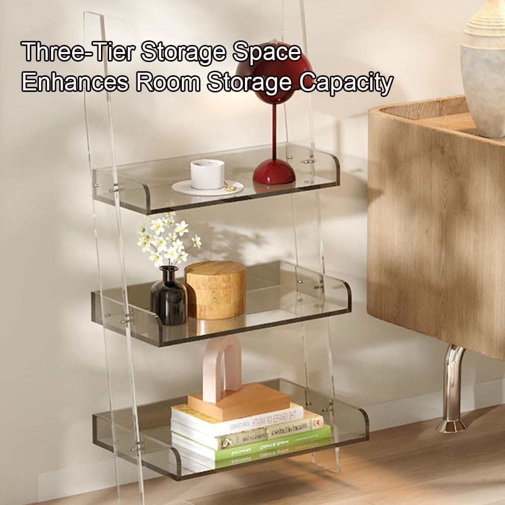 Small Acrylic Ladder Bookshelf, 3-Tier Freestanding Ladder Shelf Bookcase, Multipurpose Narrow Storage Rack for Living Room, Office(Clear)