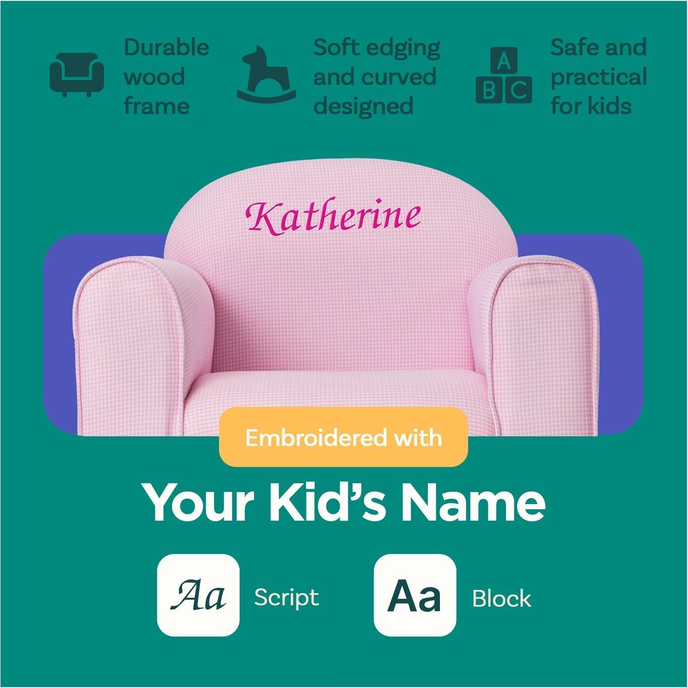 Keet Personalized Gingham Kids Chair with Custom Name Embroidery, Soft Microsuede Fabric, Padded Cushion, Wooden Frame, Ages 2-5, Comfortable & Stylish Toddler Armchair for Playroom & Bedroom.