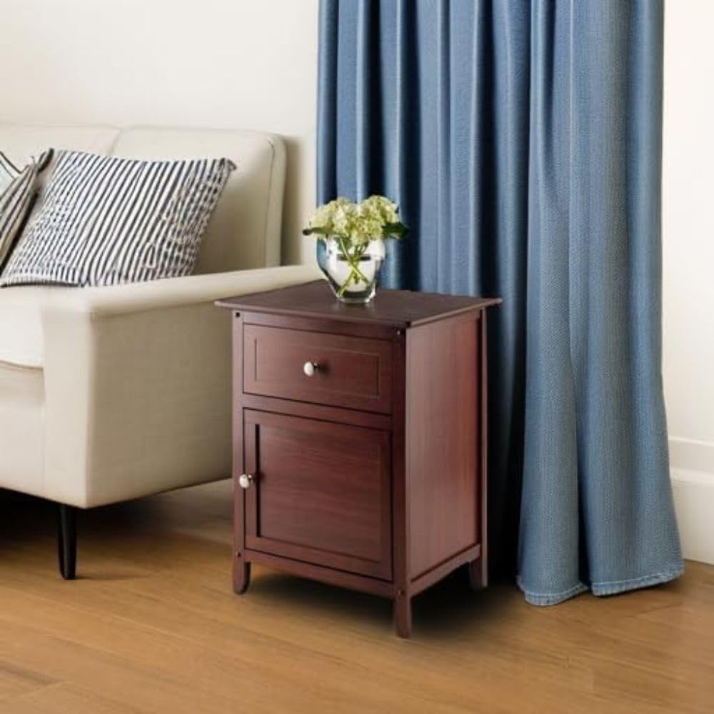 Wood Eugene Accent Table Walnut Finish Compact Side Table with Drawer and Cab...