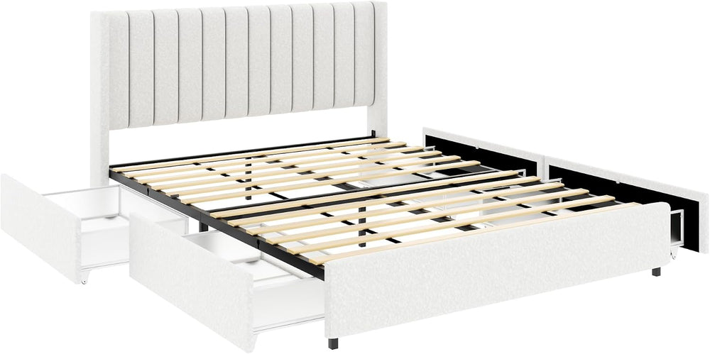 Queen Size Storage Bed Frame with 4 Drawers, Ivory Boucle Upholstered Platfor...