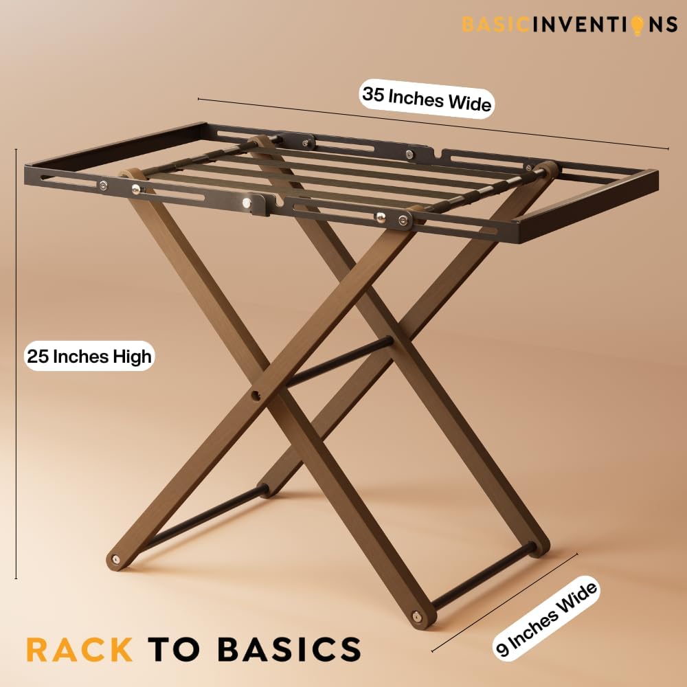 Luxury Expandable Luggage Rack for All Suitcase Sizes, Folding Stand Essential for Hotels, AirBnB, Guest Room; Extends 35” Inches, Holds up to 170 lbs, Durable Steel & Solid Wood, NO Assembly Required