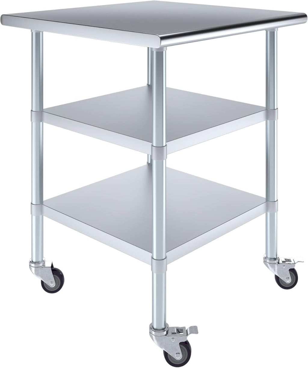 AmGood Stainless Steel Work Table with 2 Shelves and Casters | Metal Utility Table On Wheels (Stainless Steel Work Table with 2 Shelves + Casters, 30" Long x 30" Deep)