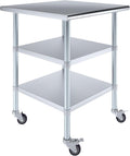 AmGood Stainless Steel Work Table with 2 Shelves and Casters | Metal Utility Table On Wheels (Stainless Steel Work Table with 2 Shelves + Casters, 30" Long x 30" Deep)