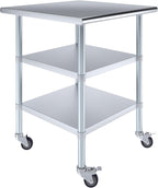 AmGood Stainless Steel Work Table with 2 Shelves and Casters | Metal Utility Table On Wheels (Stainless Steel Work Table with 2 Shelves + Casters, 30" Long x 30" Deep)