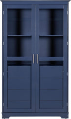 Merax Kitchen Pantry Cabinet with 2 Glass Doors & 4 Large Drawers, Pine Wood Frame & Higher Shelf‌ Height, Freestanding Storage Cabinet for Kitchen Dining Room Living Room, 44.7"x20"x75" (Blue)
