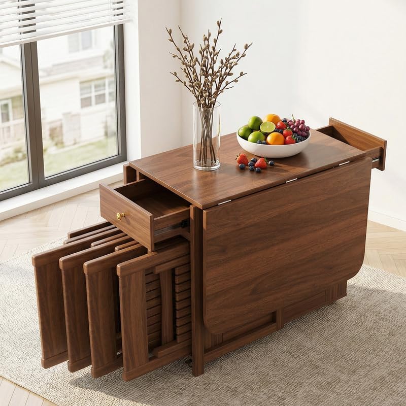 Folding Drop Leaf Dining Room Table 4-6 Seater with Storage and Lockable Whee...