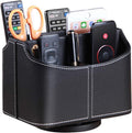 Remote Control Holder 360 Degrees Rotatable Desk Stationery Supply Organizer PU Leather Desktop Storage Box for Controllers Media Bedside Spinning TV Caddy iPad Mobile Pencil Cosmetic