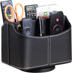 Remote Control Holder 360 Degrees Rotatable Desk Stationery Supply Organizer PU Leather Desktop Storage Box for Controllers Media Bedside Spinning TV Caddy iPad Mobile Pencil Cosmetic