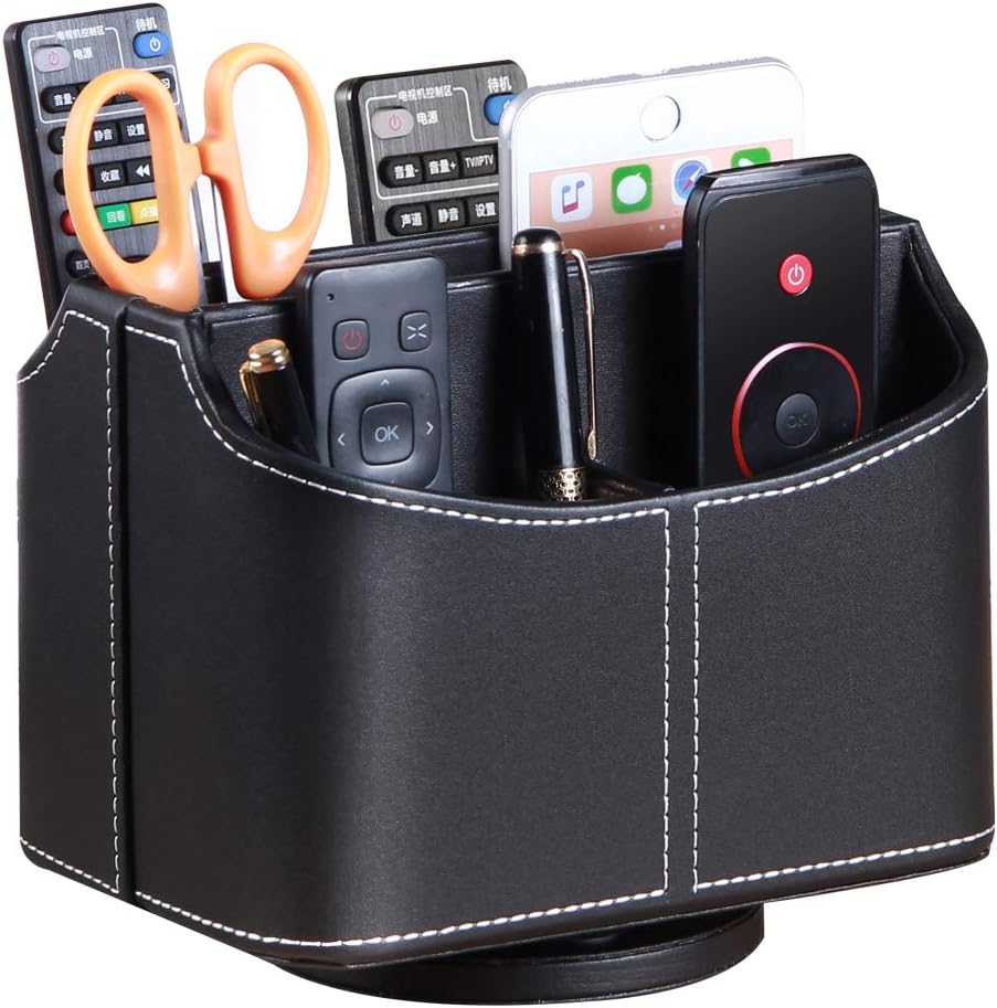 Remote Control Holder 360 Degrees Rotatable Desk Stationery Supply Organizer PU Leather Desktop Storage Box for Controllers Media Bedside Spinning TV Caddy iPad Mobile Pencil Cosmetic