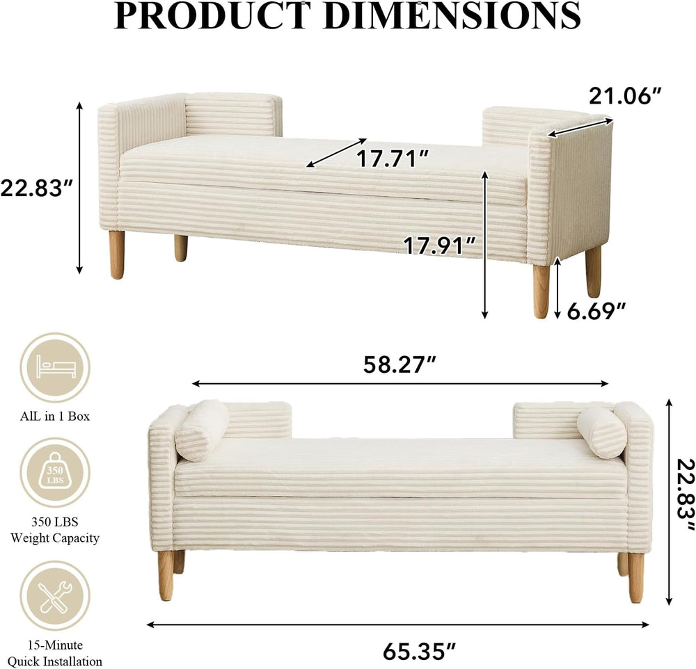 65.35" Storage Bench, Corduroy Upholstered End of Bed Bench with Bolster...