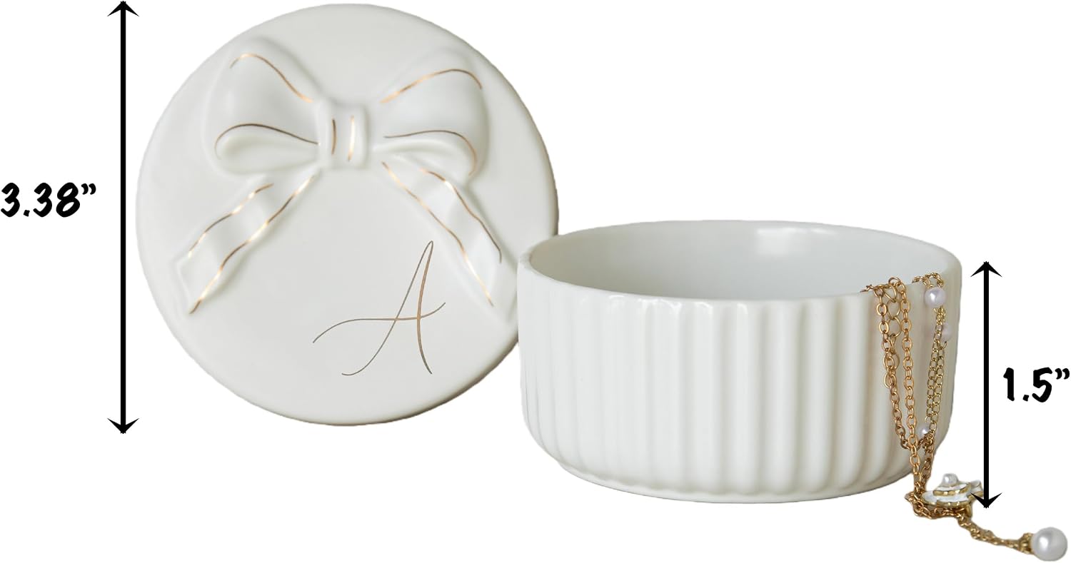 COLLECTIVE HOME Ceramic Jewelry Box with Bow, Nightstand Vanity Decor(M) | Jewelry Tray with Lid, Christmas Mother's Day Birthday Gifts for Women, Wedding, Bridal Shower, Bridesmaid Proposal Gifts