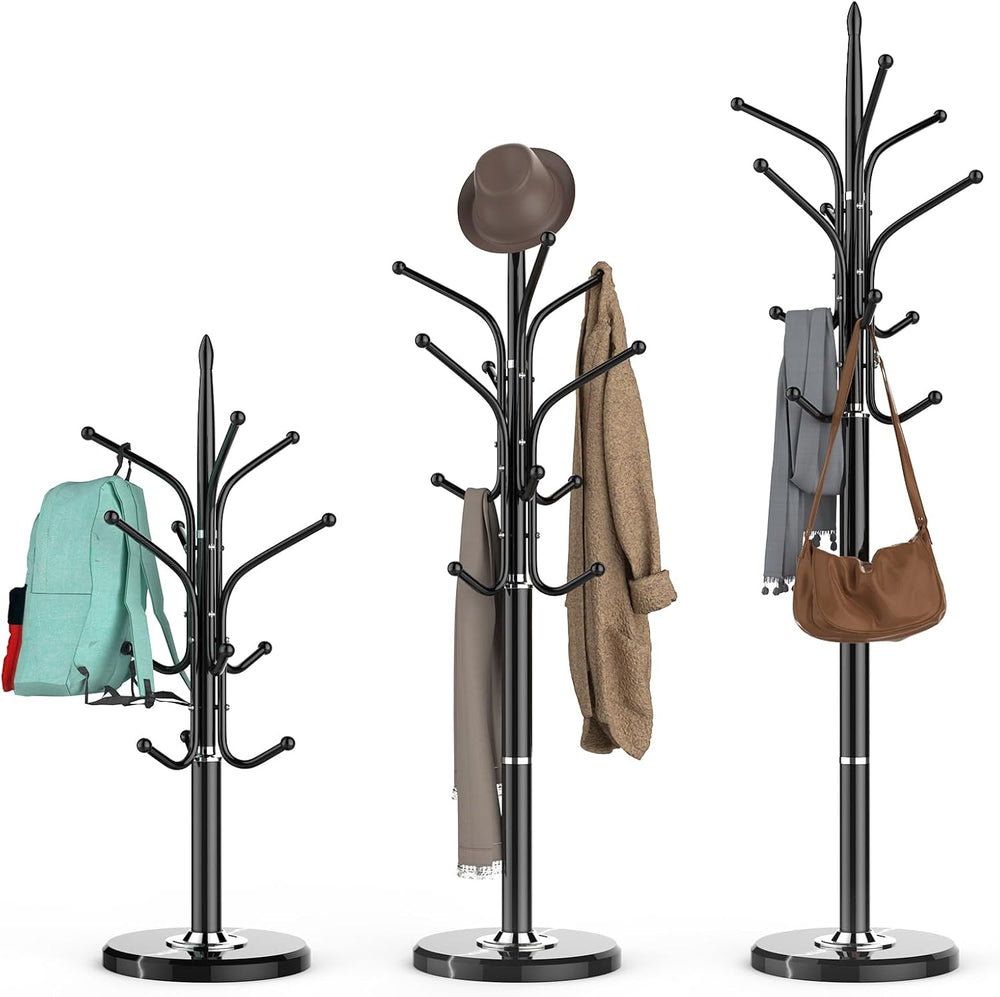 Heavy Duty Coat Rack with Marble Base, 12 Hooks, Adjustable Heights