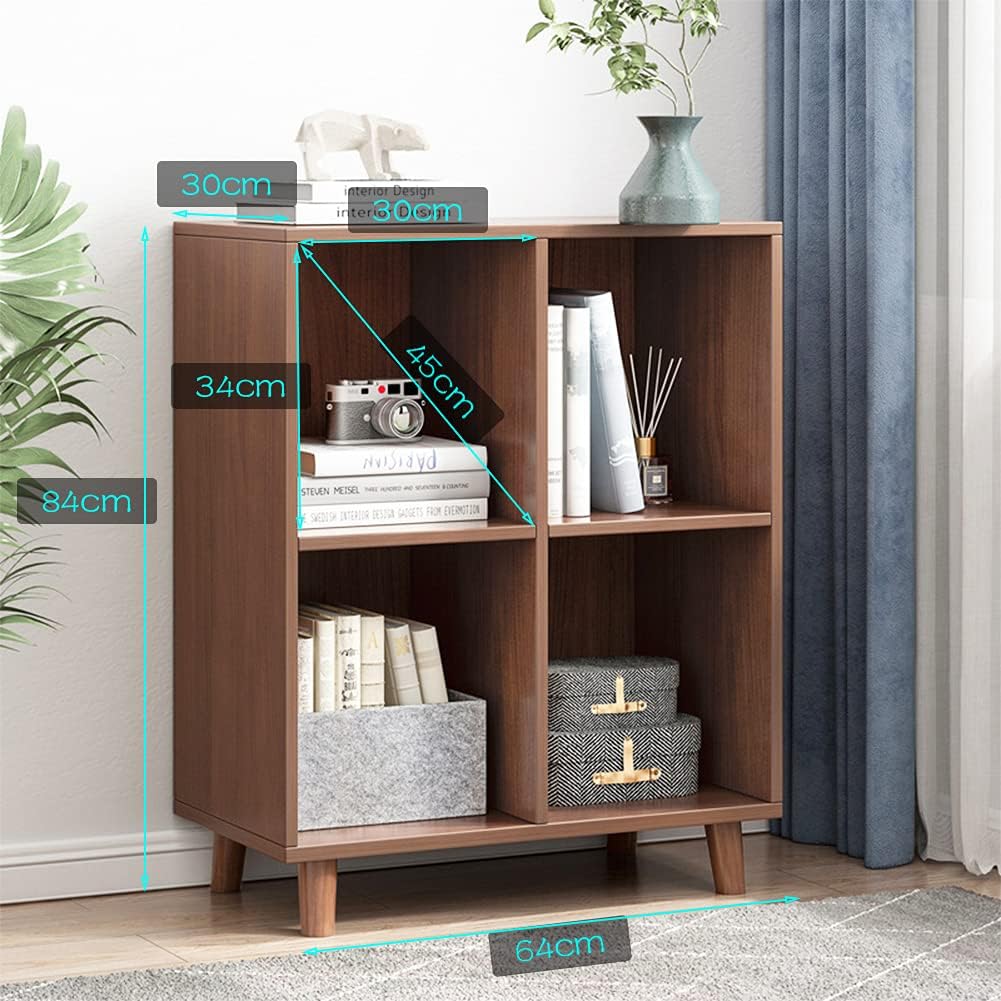IOTXY Freestanding Open Cubes Bookcase - 2-Tier Floor Standing Wooden Storage Display Cabinet Organizer with Legs for Home Office, 4-Cubes Open Shelf Low Short Bookshelf, Walnut