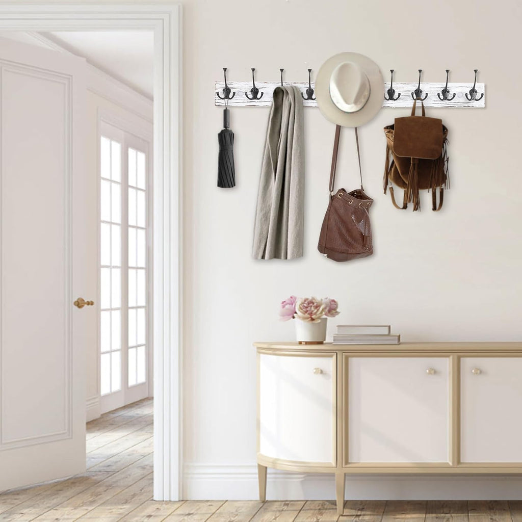 IBosins 34'' Coat Rack Wall Mount with 10 Tri-Hooks, Heavy Duty, Vintage White Color Wood Coat Hanger, Rustic Coat Hooks Rail for Entryway Living Room Coat Scarf Bag Towel Hat