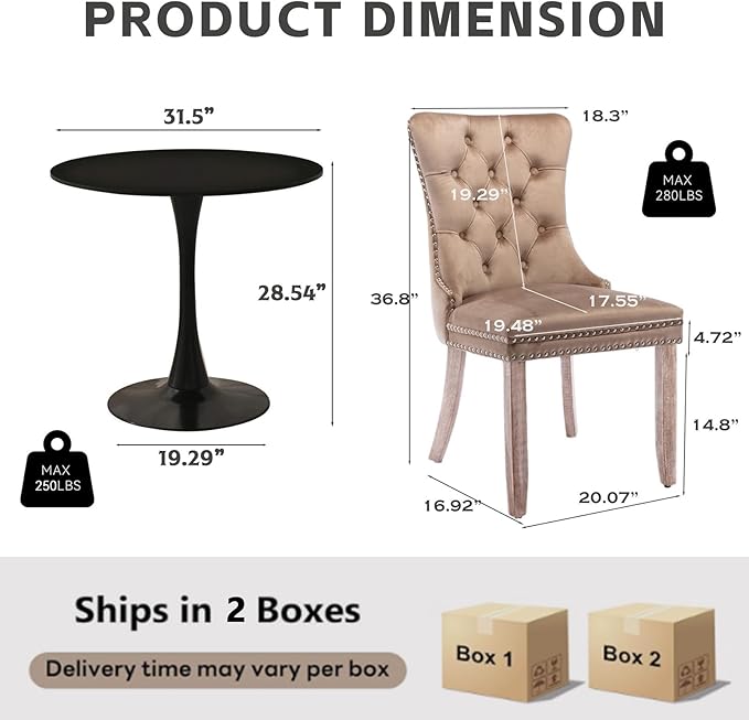 3-Pieces 31.5" Round Dining Table Set for 2, Black Dining Table & Velvet Upholstered Dining Chairs Set of 2 for Kitchen Dining Room Apartment Small Space(Black Table & Khaki Chairs)