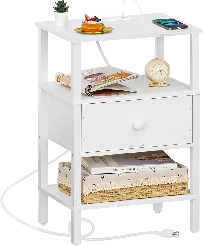 Lerliuo Nightstand with Charging Station and USB Ports, 3-Tier Storage End Ta...