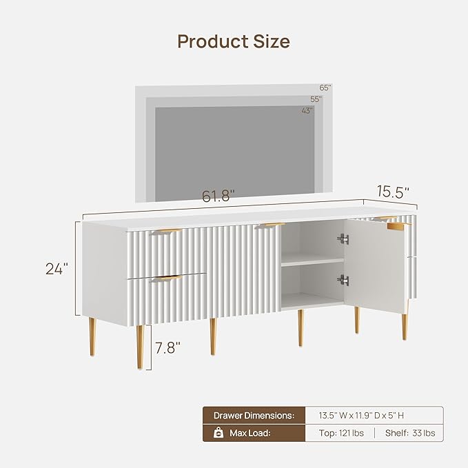 SICOTAS 62 Inch TV Stand for 55/60/65/70 Inch TV - TV Stands for Living Room Entertainment Center with 4 Drawers, Fluted Modern TV Media Console Television Cabinet for Bedroom (White,1 Piece)