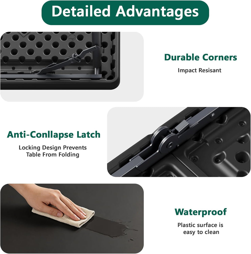 2 Pack 4ft Folding Table, Foldable Plastic Portable Picnic Table, Black | Lar...