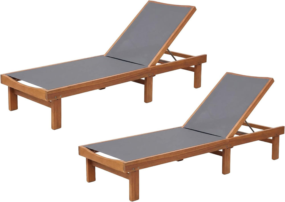 COSTWAY Set of 2 Patio Wood Chaise Lounge Chair, Strong Eucalyptus Wood Frame...