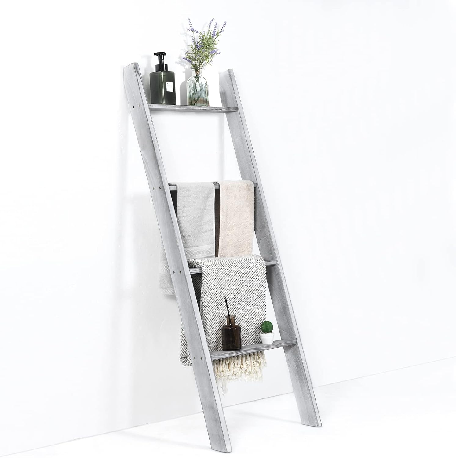 Tangkula 4-Tier Wooden Blanket Ladder, 4.5 ft Farmhouse Storage Rack, Wall Leaning Ladder Shelf Stand, Decorative Blanket Shelf for Living Room, Bathroom & Bedroom (Grey)