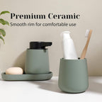 INGOFIN Automatic Ceramic Bathroom Accessory Set - 3 Pcs Auto Liquid Soap Dispenser Touchless, Toothbrush Holder & Tray, Smart Electric Bathroom Counter Set for Home, Guest Room, or Office, Green