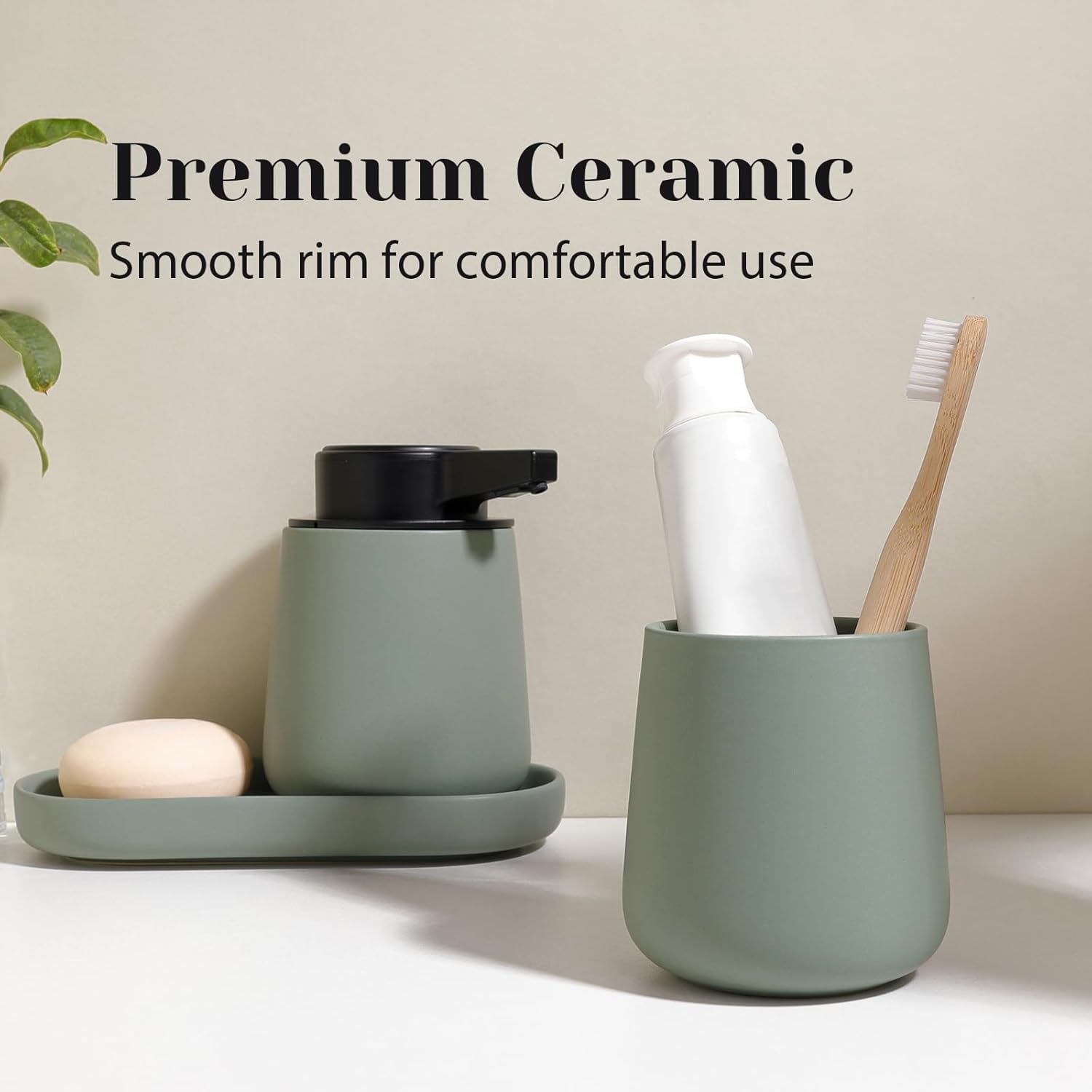 INGOFIN Automatic Ceramic Bathroom Accessory Set - 3 Pcs Auto Liquid Soap Dispenser Touchless, Toothbrush Holder & Tray, Smart Electric Bathroom Counter Set for Home, Guest Room, or Office, Green