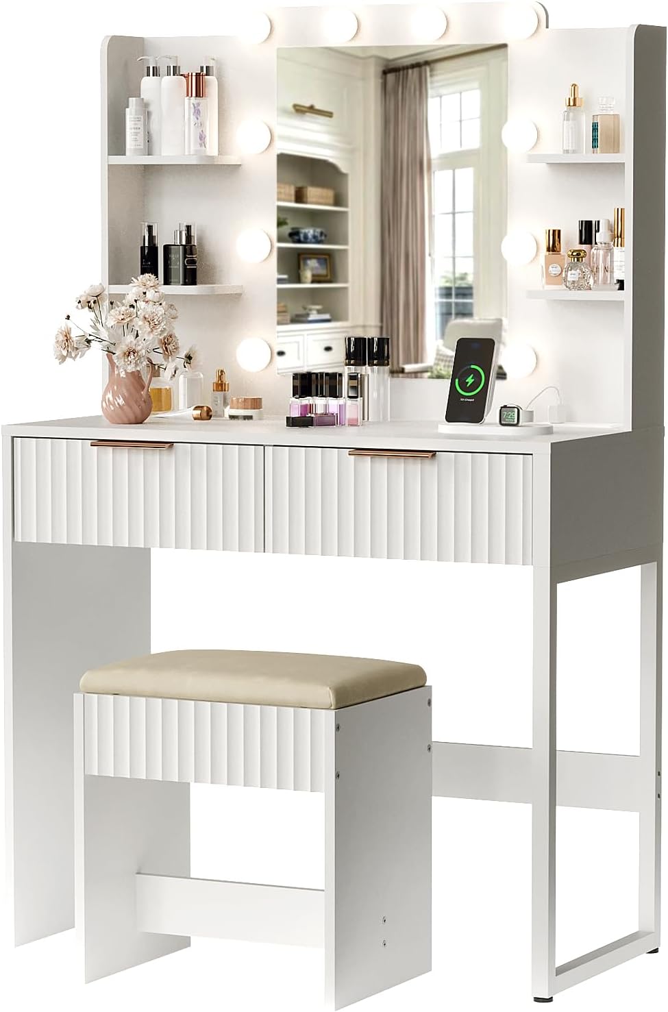 VINGLI Fluted Makeup Vanity Desk with Mirror and Lights and Stools, Small Van...