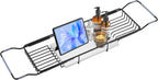 BVL Bathtub Tray Stainless Steel with Marble Base Matte Black Bathtub Tray with White Marble Base Adjustable & Rustproof Bath Caddy for Spa, Relaxation, Bath Bombs