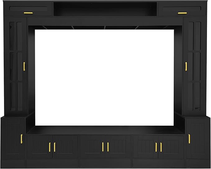Merax 98.4" W Wall Unit Entertainment Center with Bookshelves for TVs up to 80", Modern TV Stand Media Console with Cabinets, Tempered Glass Doors and Adjustable Shelves for Living Room, Black