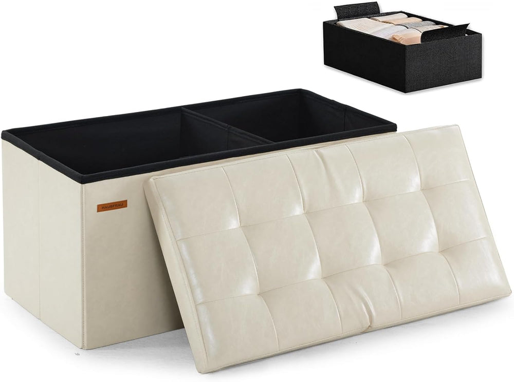 HAUSFRAU Ottoman with Storage Bench Folding Foot Rest Stool Ivory | 31.5&quot...
