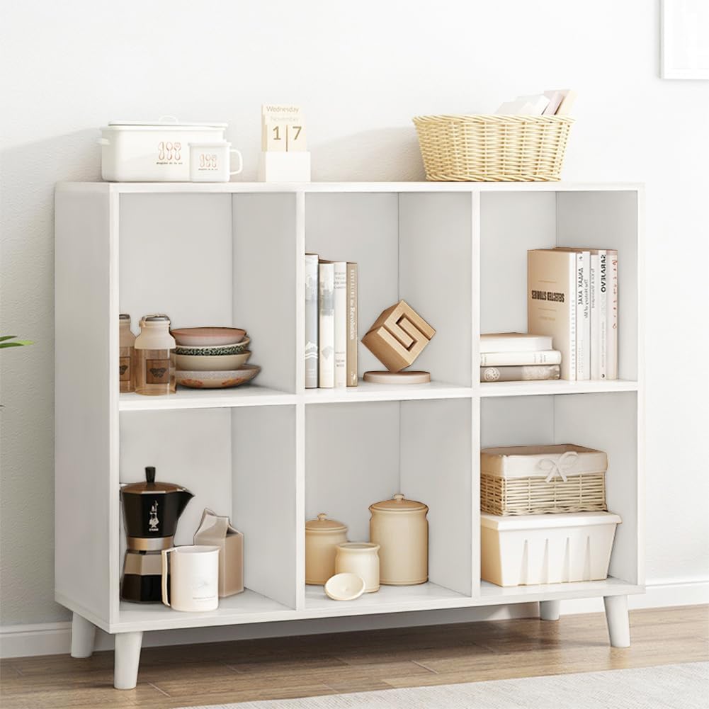 IOTXY Open Cube Low Bookcase - 2-Tier Freestanding Storage Display Cabinet Organizer with Legs for Home Office, 6-Cubes Open Shelf Short Bookshelf, White