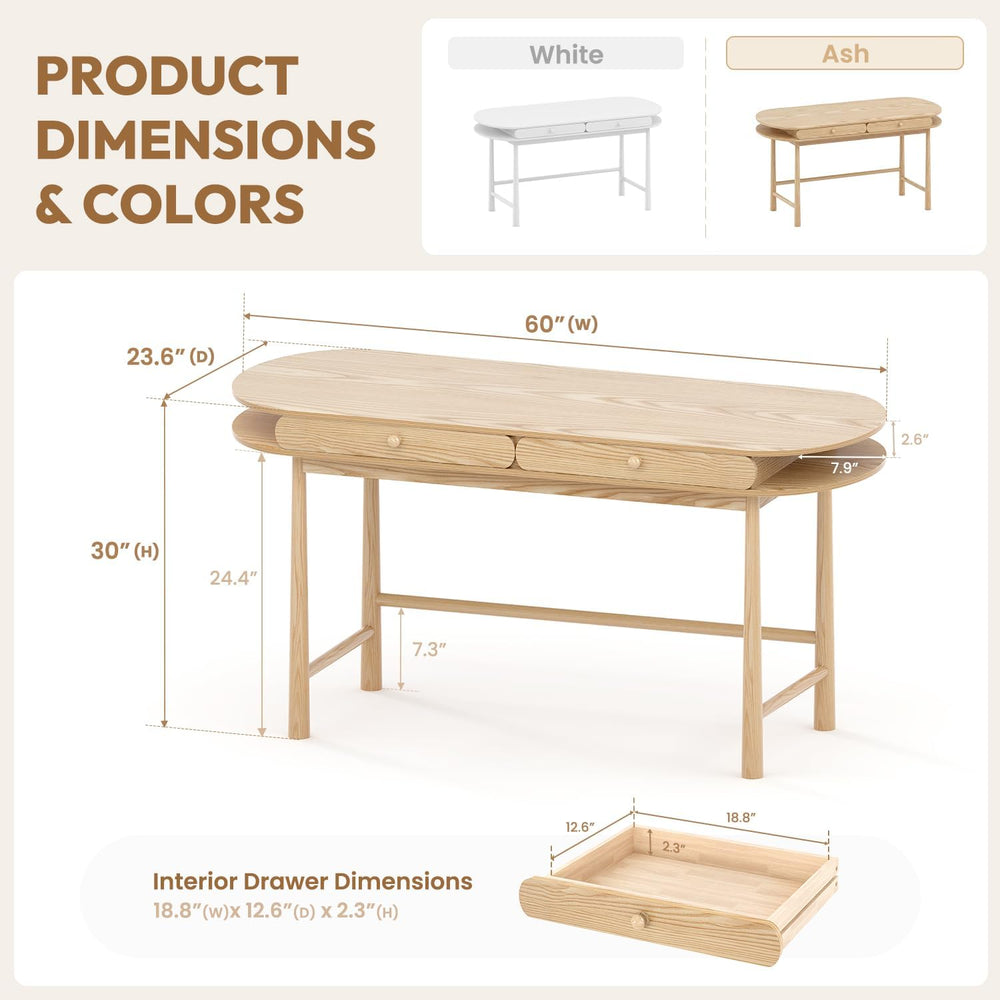 60in Solid Wood Desk - Oval-Shaped Double-Top Dressing Table, Ash