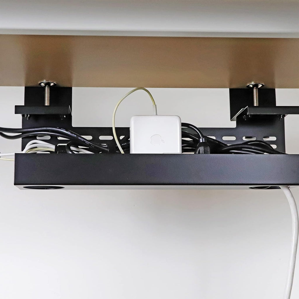 AEONS Under Desk Cable Management Tray Wire Cord Organizer Removable C Clamp Mount No Drill Computer Cord Raceway and Modesty Panel, Black, 16-inch