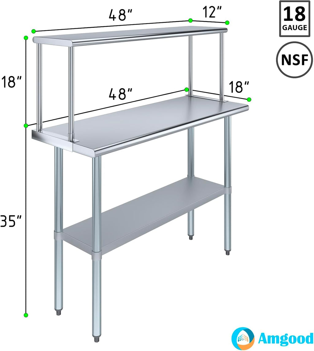 Stainless Steel Work Table with Wide Single Tier Overshelf | Metal Kitchen Prep Table & Shelving Combo (18" x 48" Work Table + 12" Overshelf)