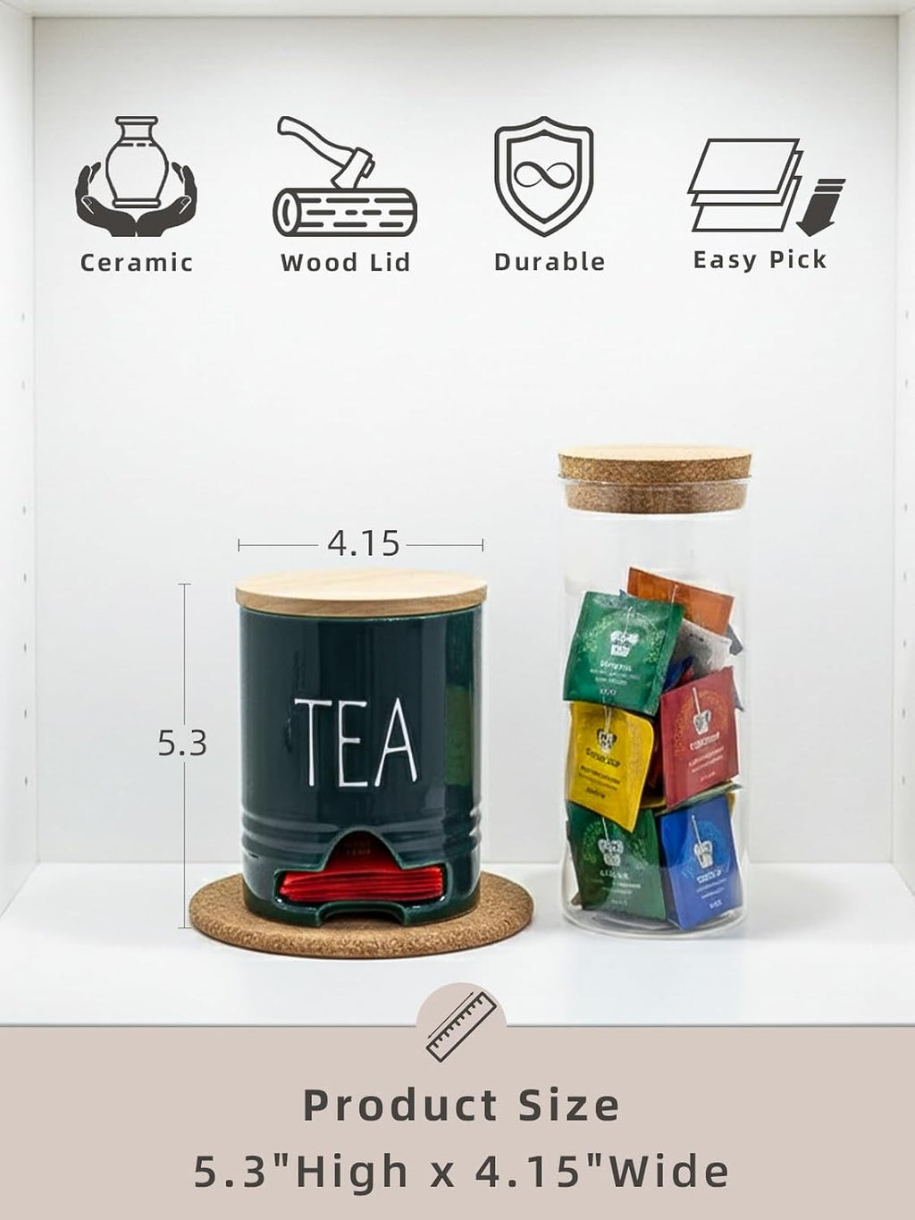 Farmhouse Ceramic Tea Bag Holder with Wood Lid for Countertop (Navy)