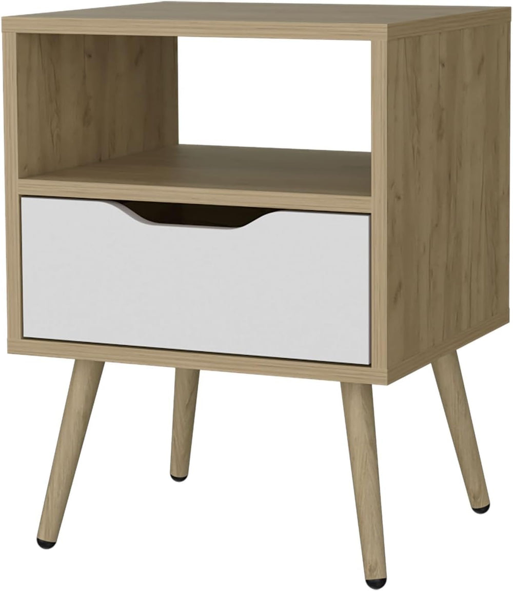 Nightstand with Open Storage, Natural Oak and White,for Small Spaces