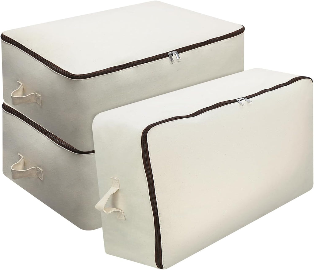 Omygarden 3 Pack Clothes Storage Bag Organizer with Sturdy Zipper for Quilts, Sweaters, Beddings, Blanket, Blouses and More, Beige