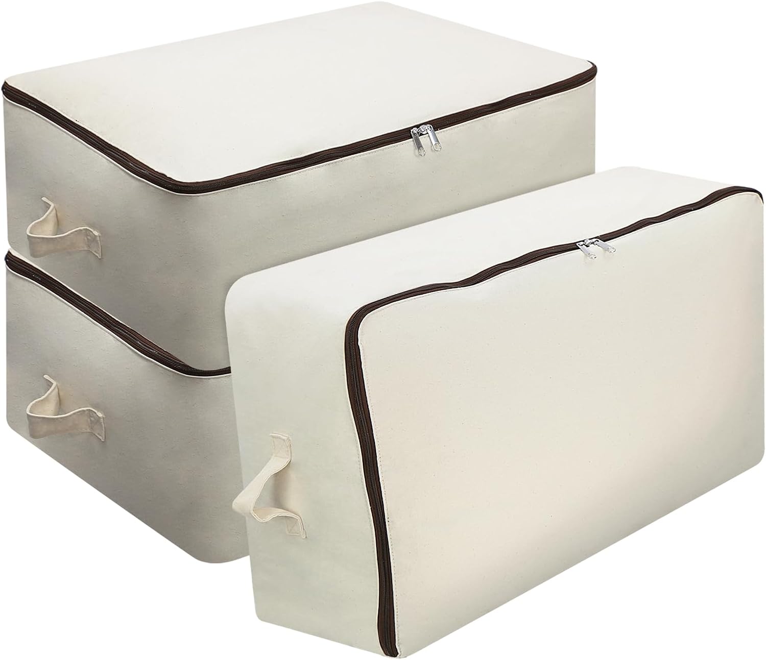 Omygarden 3 Pack Clothes Storage Bag Organizer with Sturdy Zipper for Quilts, Sweaters, Beddings, Blanket, Blouses and More, Beige