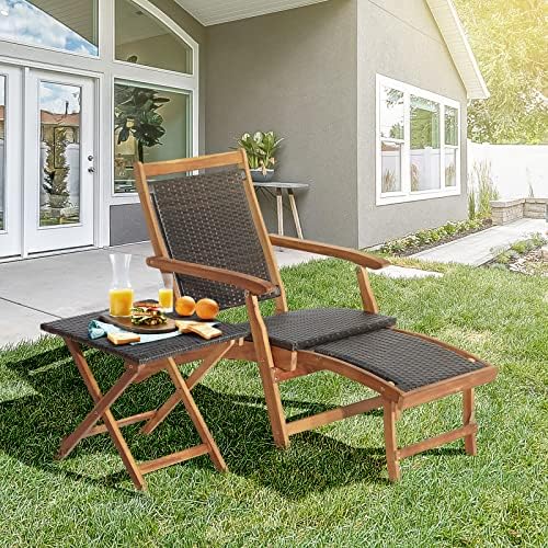 RELAX4LIFE Patio Lounge Chair Set - Outdoor Acacia Wood Chaise Lounge w/Side ...