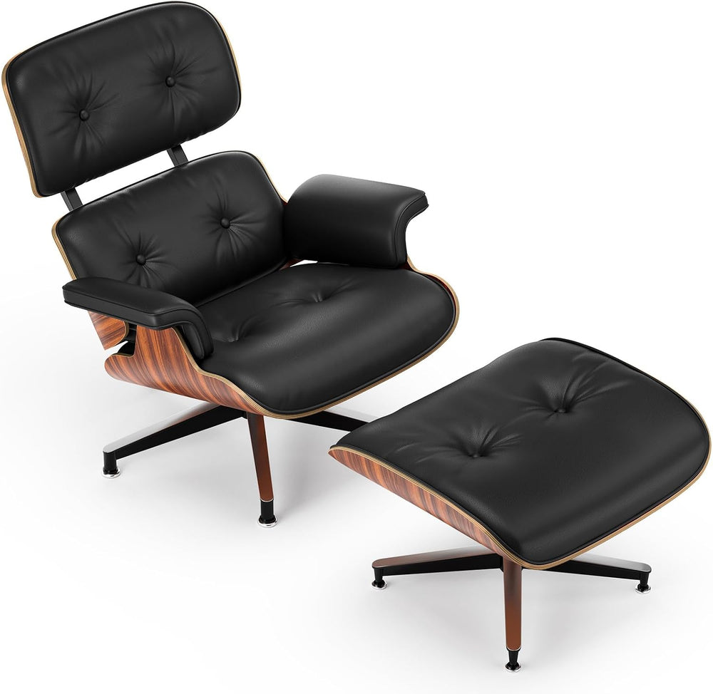 Mid Century Modern Top Grain Leather Chaise Lounge Chair & Ottoman | Mode...
