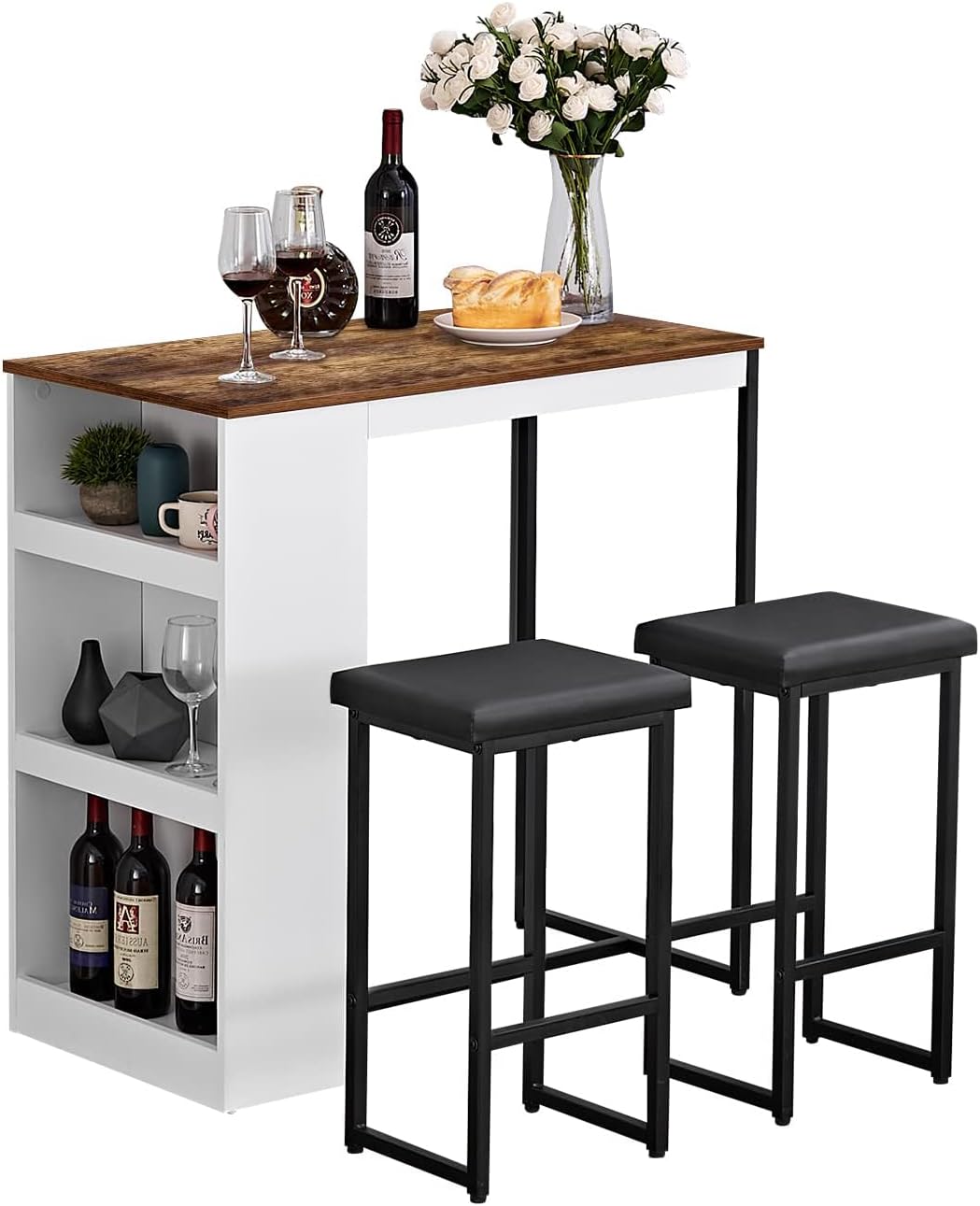 Panana 3 Piece Dining Table Set Kitchen Bar Table with Two Stool Storage Shelves Wood Counter Height Table Top with Sew Kerf Finish Dining Room Home