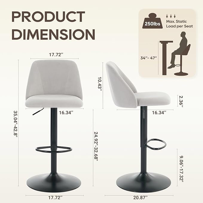 COLAMY Bar Stools Set of 2, Modern Swivel Bar Chairs, Adjustable Upholstered ...