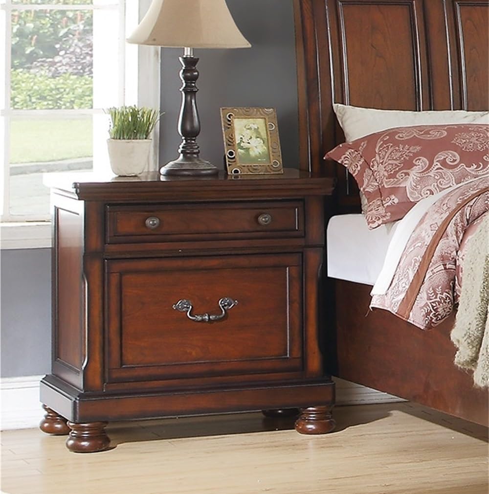 Rubber Wood 2 Drawers Nightstand in Antique Cherry Finish ﻿,for Small Spaces