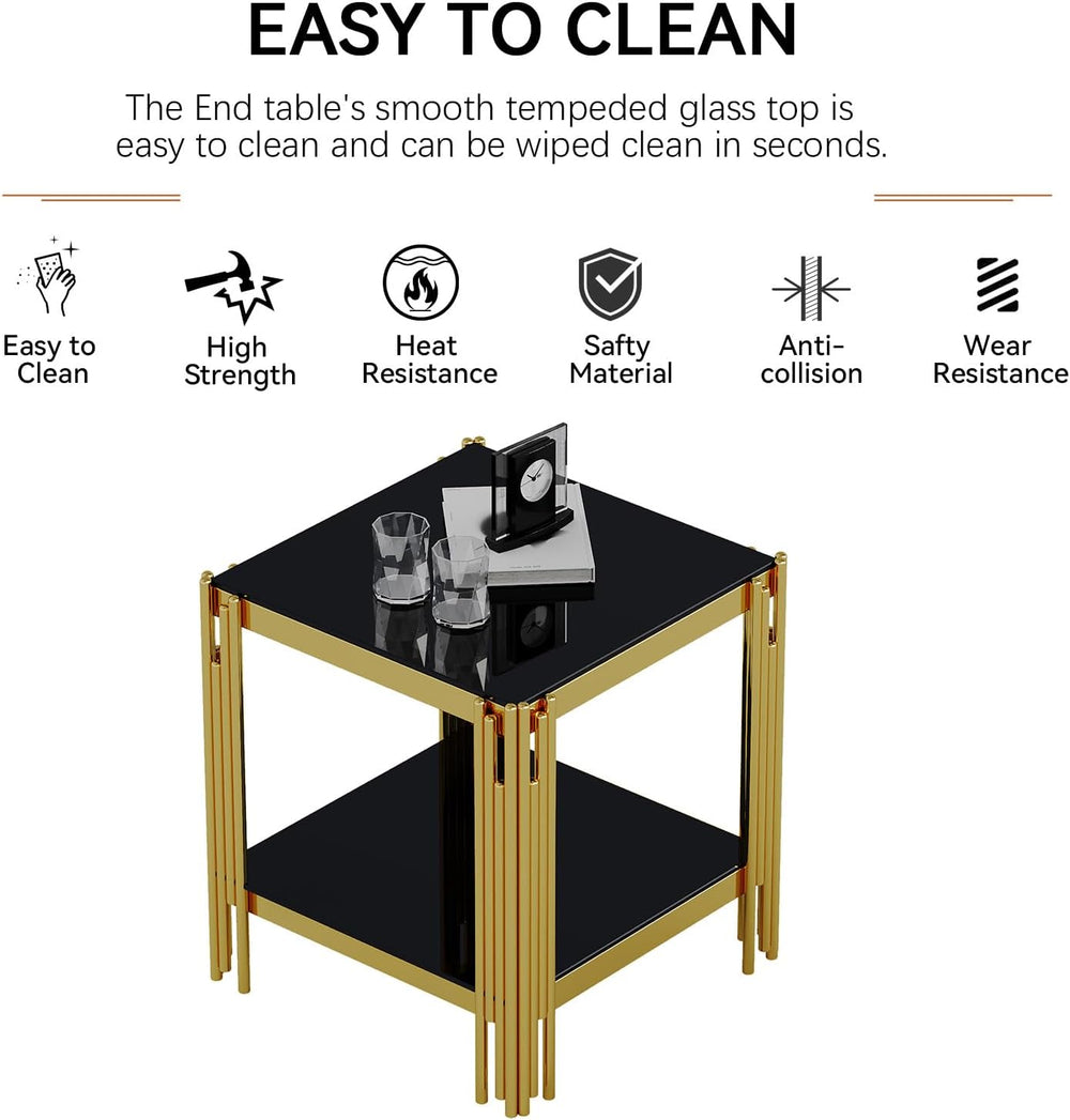 20” Square Glass End Table, 2-Tier Side Table with Black Tempered Glass Top G...