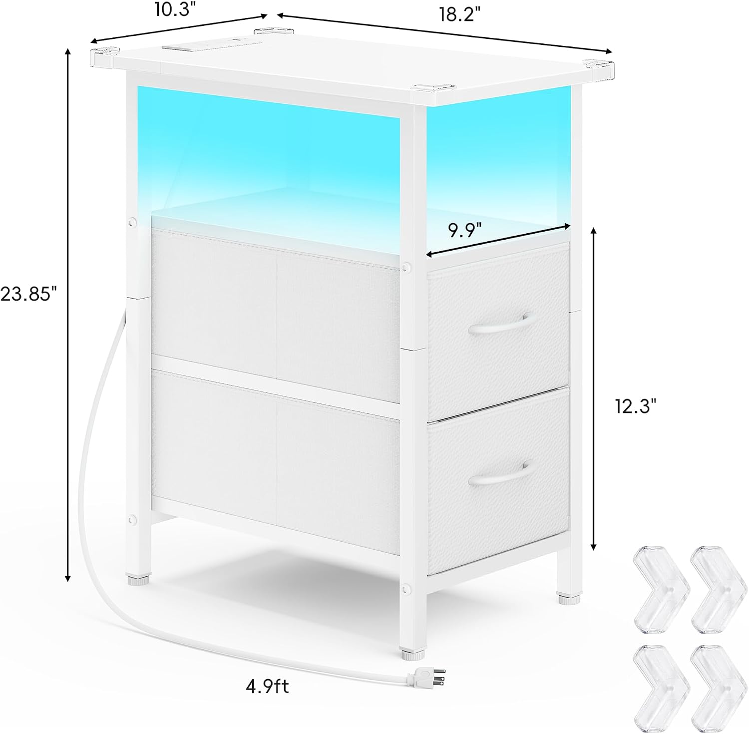 Vagusicc White Nightstand with Charging Station and LED Lights, Narrow Side Table, LED Night Stand with 2 Fabric Drawers, Bedside Table with USB Ports and Outlets, Tall Nightstand for Bedroom, White