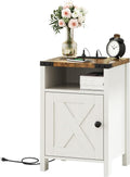 Fameill Farmhouse End Tables with Charging Station, Modern White | Nightstand with Barn Door and Shelf, Rustic Living Room Bedroom Side Table