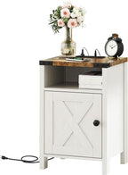 Fameill Farmhouse End Tables with Charging Station, Modern White | Nightstand with Barn Door and Shelf, Rustic Living Room Bedroom Side Table