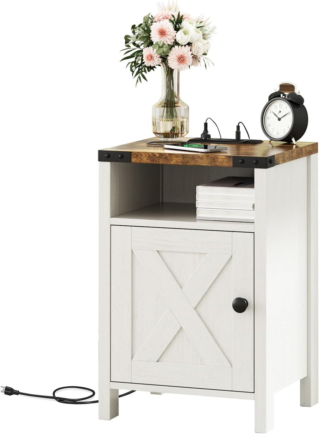 Fameill Farmhouse End Tables with Charging Station, Modern White | Nightstand with Barn Door and Shelf, Rustic Living Room Bedroom Side Table