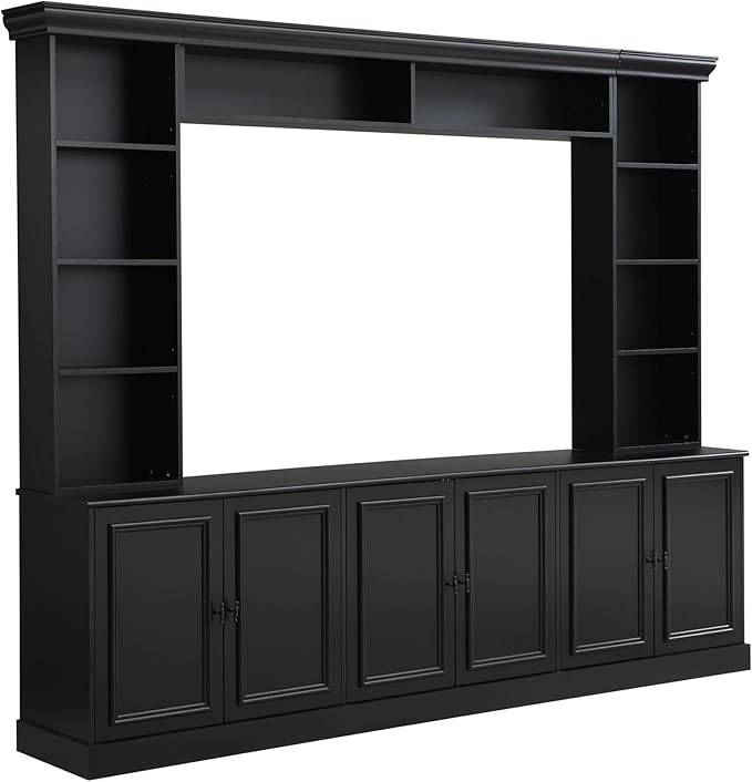 SOFTSEA 4-Piece Entertainment Center Wall Unit for TVs up to 70", Large TV Stand Wall Unit with Bookshelves, 6 Doors & Adjustable Shelves, Media Console with Bridge for Living Room, Black